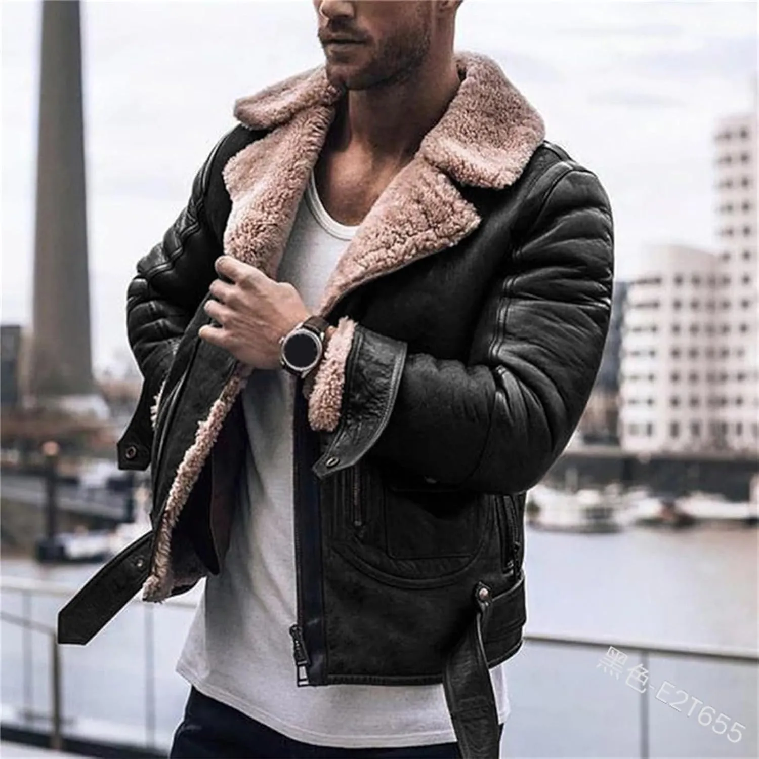 Mens Shearling Sheepskin B3 Flying Aviator Bomber Leather Jacket Lamb Wool Bomber with Faux Leather