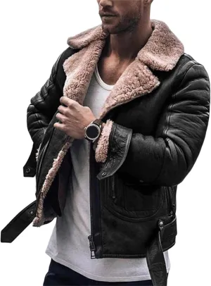 Mens Shearling Sheepskin B3 Flying Aviator Bomber Leather Jacket Lamb Wool Bomber with Faux Leather