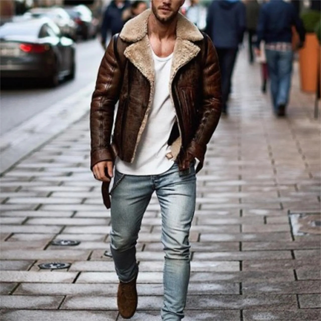 Mens Shearling Sheepskin B3 Flying Aviator Bomber Leather Jacket Lamb Wool Bomber with Faux Leather