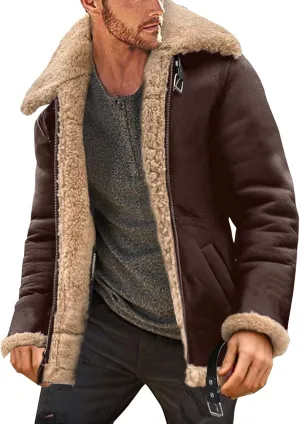 Mens Sherpa Fleece Lined Winter Coat Warm Suede Leather Outdoor Casual Faux Shearling Sheepskin Fur Collar Jackets,H1-Brown,X-Small