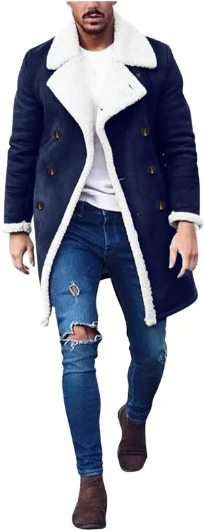 Mens Sherpa Lined Coat with Hood Warm Fuzzy Fleece Lined Long Jacket Trench Coats Winter Thick Coat for Men