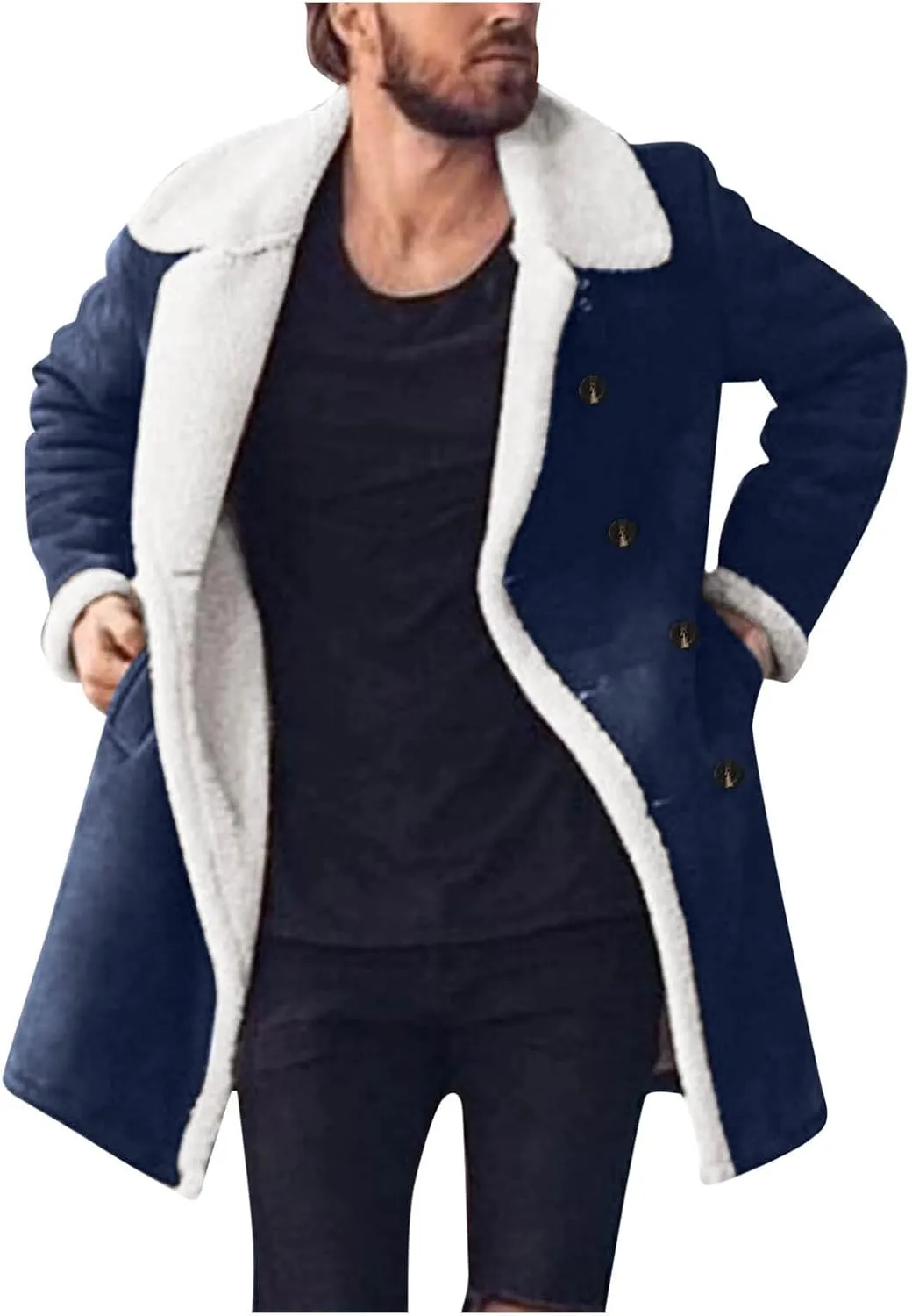 Mens Sherpa Lined Coat with Hood Warm Fuzzy Fleece Lined Long Jacket Trench Coats Winter Thick Coat for Men