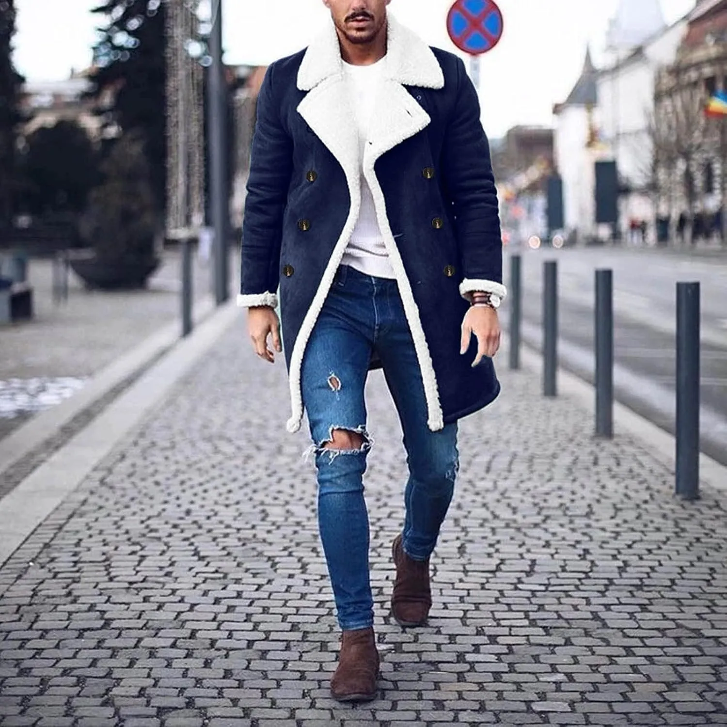 Mens Sherpa Lined Coat with Hood Warm Fuzzy Fleece Lined Long Jacket Trench Coats Winter Thick Coat for Men