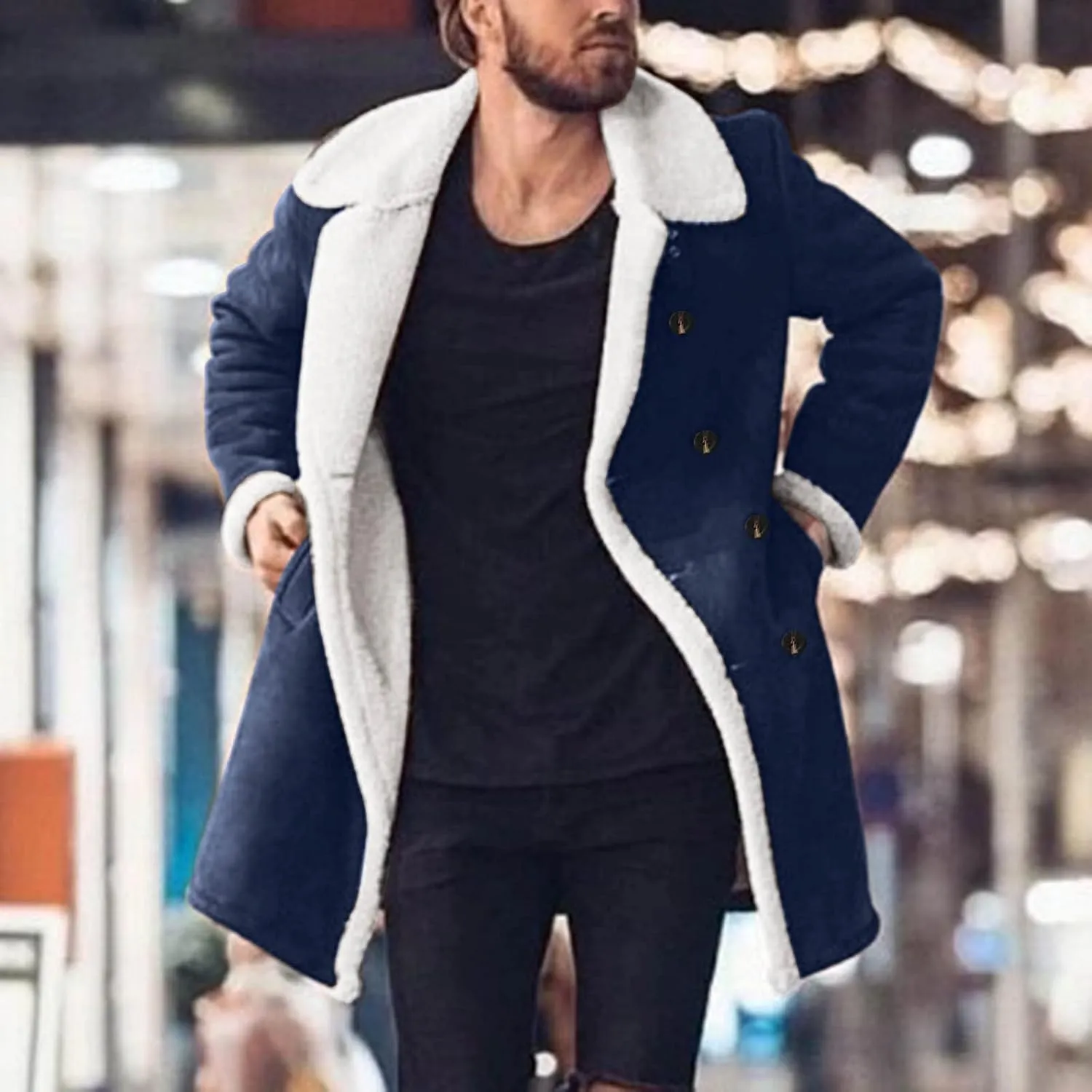 Mens Sherpa Lined Coat with Hood Warm Fuzzy Fleece Lined Long Jacket Trench Coats Winter Thick Coat for Men