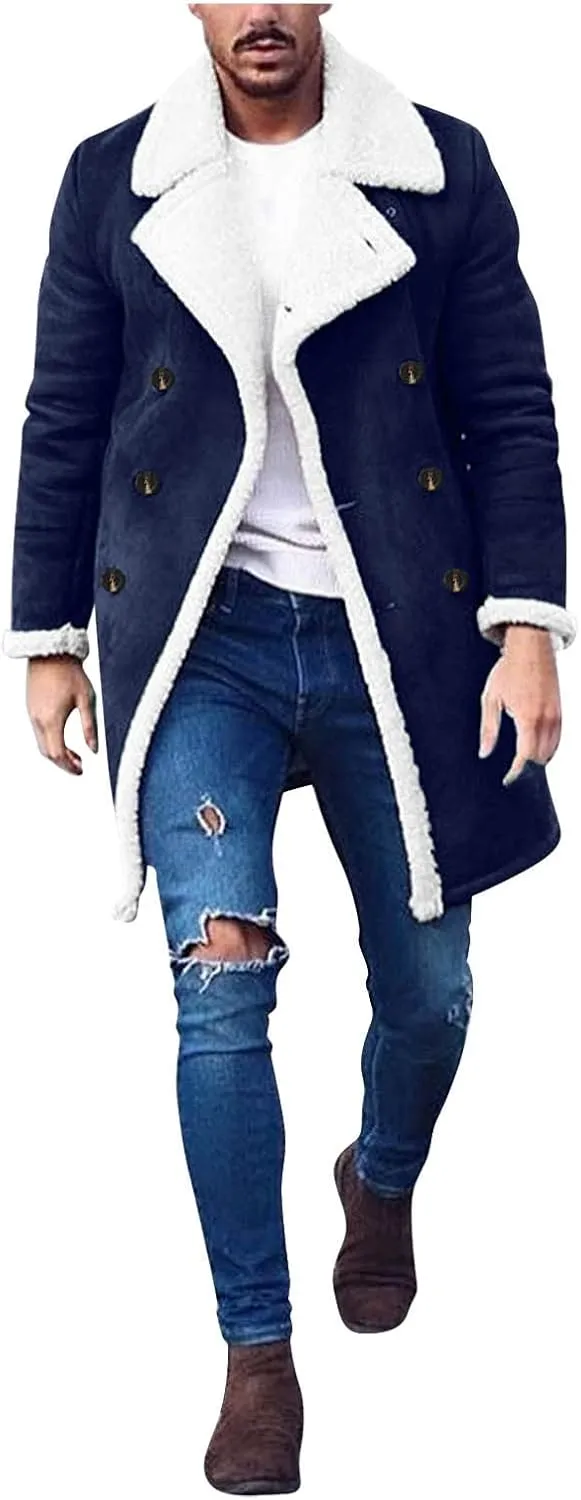 Mens Sherpa Lined Coat with Hood Warm Fuzzy Fleece Lined Long Jacket Trench Coats Winter Thick Coat for Men