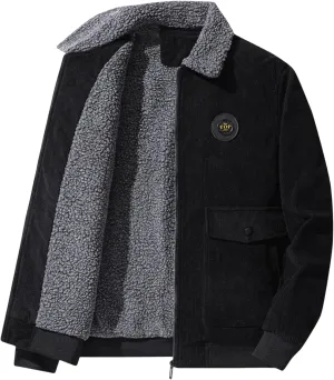 Mens Sherpa Lined Corduroy Jacket Fur Collar Fleece Lining Turn Down Collar Casual Outwear with Pockets
