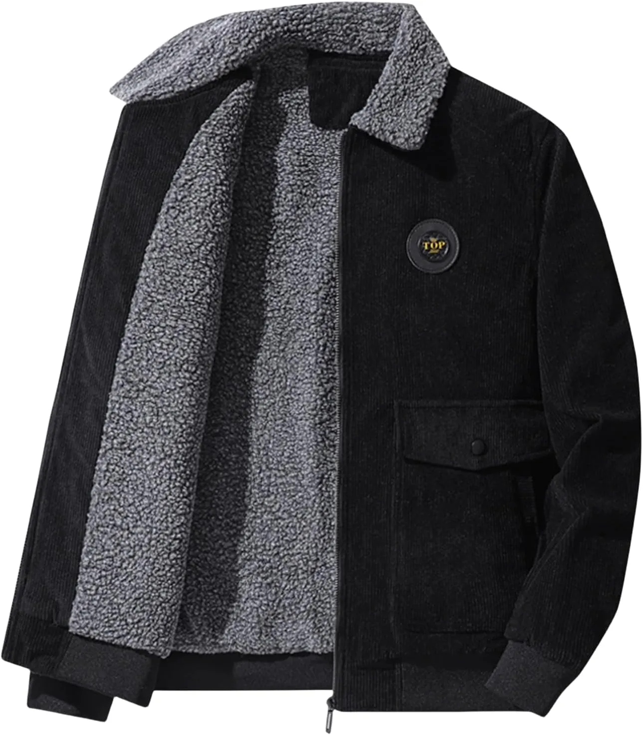 Mens Sherpa Lined Corduroy Jacket Fur Collar Fleece Lining Turn Down Collar Casual Outwear with Pockets