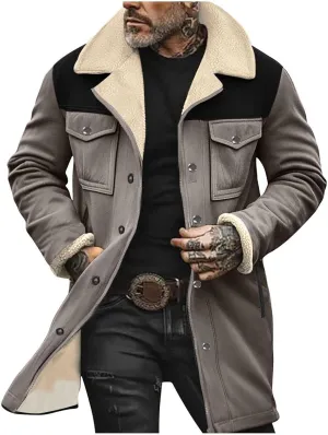 Men's Sherpa Lined Suede Jacket Winter Warm Trench Coat Lapel Button Down Windbreaker Overcoat with Pockets
