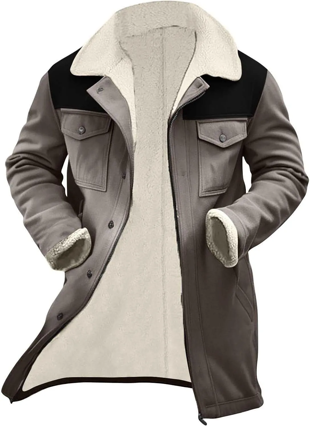 Men's Sherpa Lined Suede Jacket Winter Warm Trench Coat Lapel Button Down Windbreaker Overcoat with Pockets