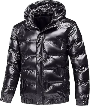 Mens Shiny Puffer Jacket Hooded Down Quilted Insulated Jacket Zip up Padded Coat Glossy Winter Coat Warm Outwear