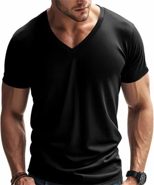 Mens Short Sleeve V Neck Muscle Slim T Shirt V-Neck Stretch Bodybuilding Shirt Soft Comfy Collarless Summer Tops