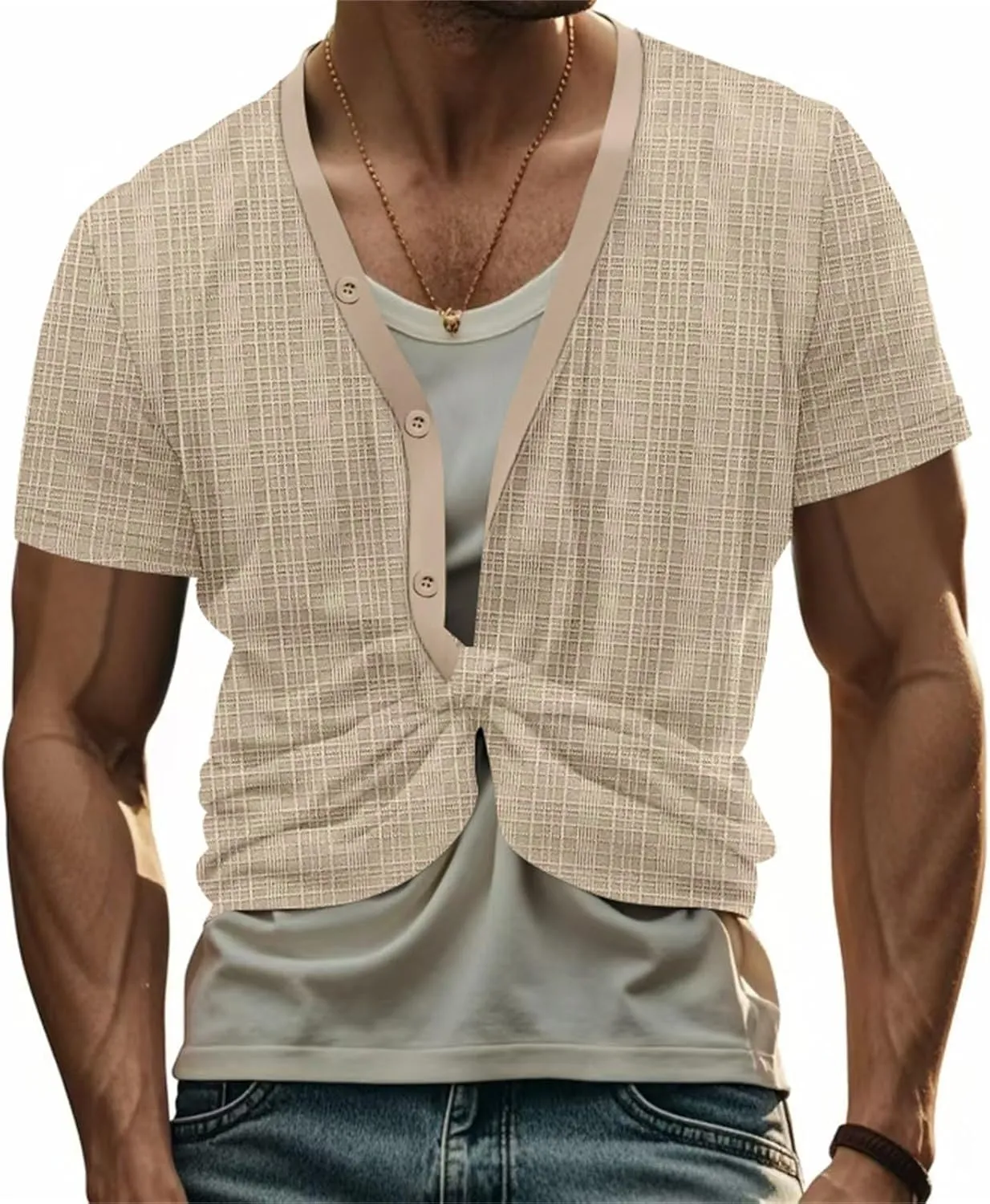 Mens Slim Fit Muscle Cardigans Shirts Sexy V Neck Open Front Button Down Collarless Shirt 2025 Fashion Casual