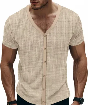 Mens Slim Fit Muscle Cardigans Shirts Sexy V Neck Open Front Button Down Collarless Shirt 2025 Fashion Casual