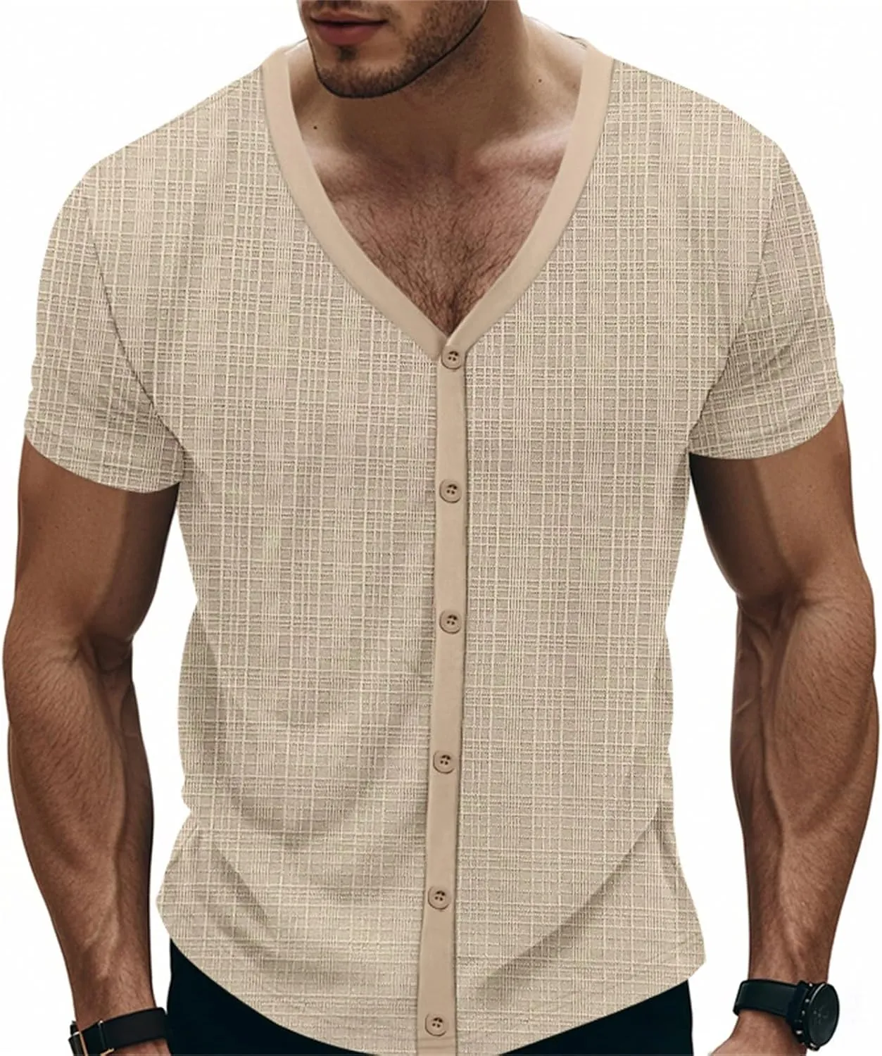 Mens Slim Fit Muscle Cardigans Shirts Sexy V Neck Open Front Button Down Collarless Shirt 2025 Fashion Casual