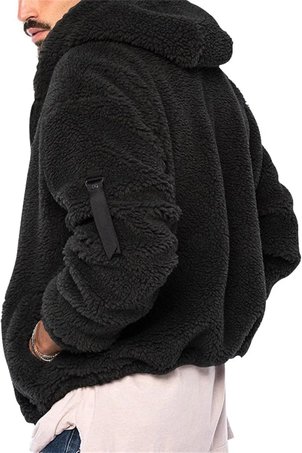 Mens Solid Color Hooded Plush Jacket Thicken Lined with Zipper Fuzzy Sherpa Sweatshirt Long Sleeve Soft Fleece Jackets
