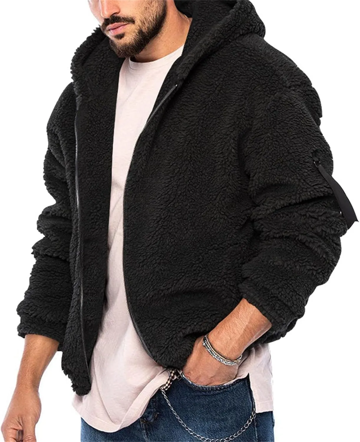 Mens Solid Color Hooded Plush Jacket Thicken Lined with Zipper Fuzzy Sherpa Sweatshirt Long Sleeve Soft Fleece Jackets