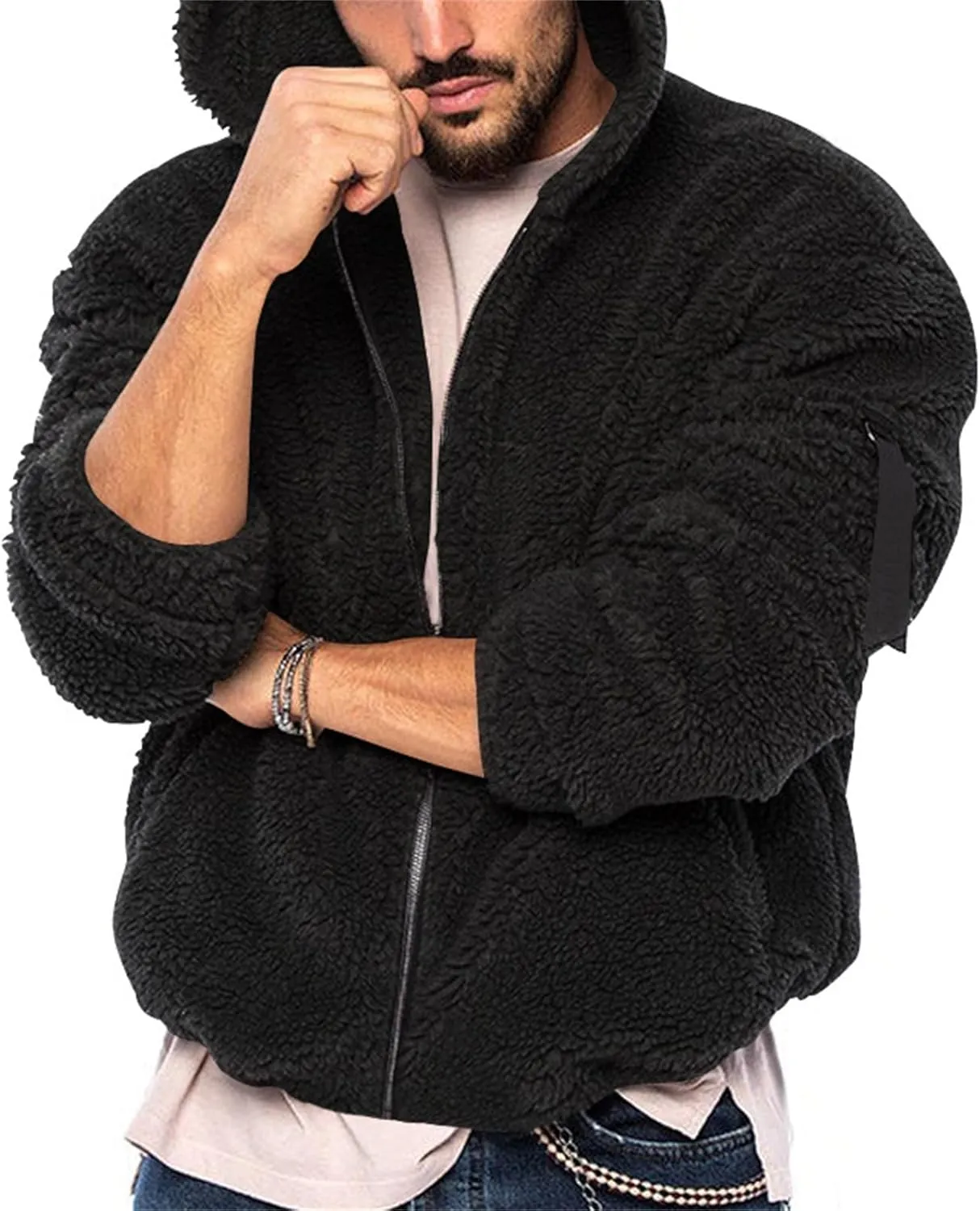 Mens Solid Color Hooded Plush Jacket Thicken Lined with Zipper Fuzzy Sherpa Sweatshirt Long Sleeve Soft Fleece Jackets