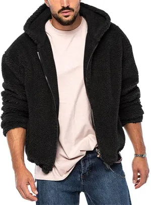 Mens Solid Color Hooded Plush Jacket Thicken Lined with Zipper Fuzzy Sherpa Sweatshirt Long Sleeve Soft Fleece Jackets