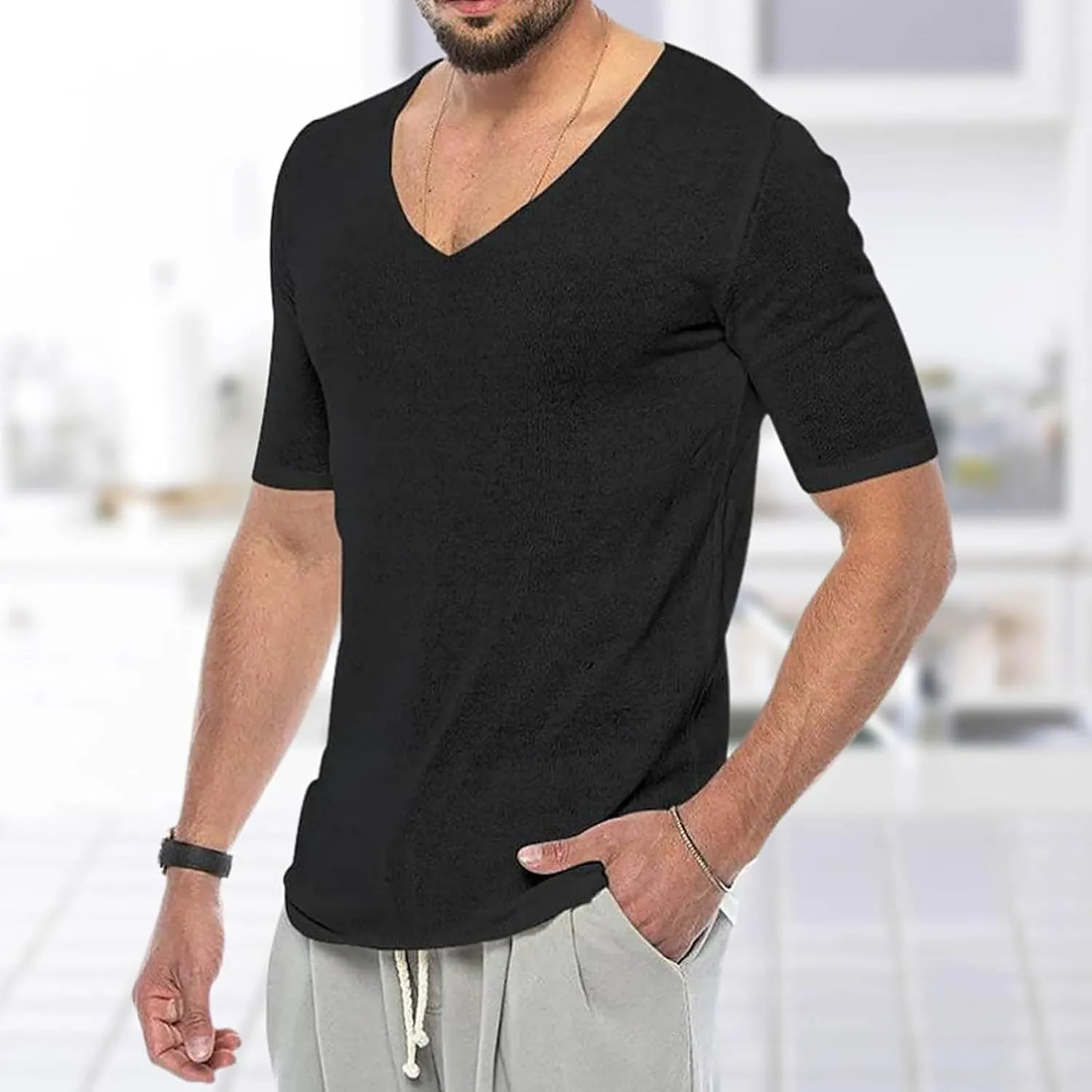 Mens Summer Thin V Neck Solid Color Sweater Summer Short Sleeve Knit T Shirt Top Big and Tall Tee Shirts for Men