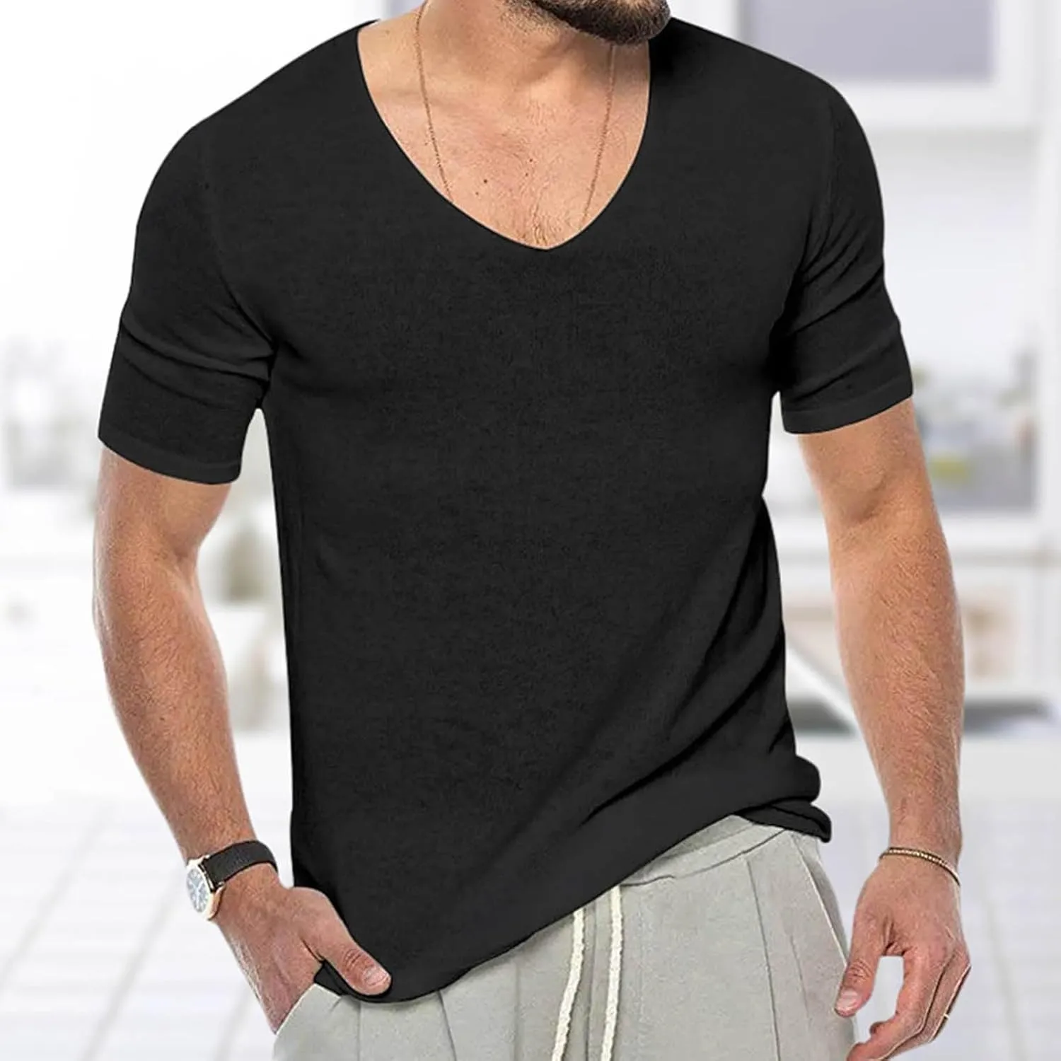 Mens Summer Thin V Neck Solid Color Sweater Summer Short Sleeve Knit T Shirt Top Big and Tall Tee Shirts for Men