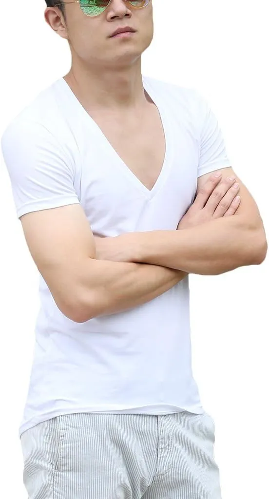 Men's V Neck T Shirts Tight Tee Stepped Hem