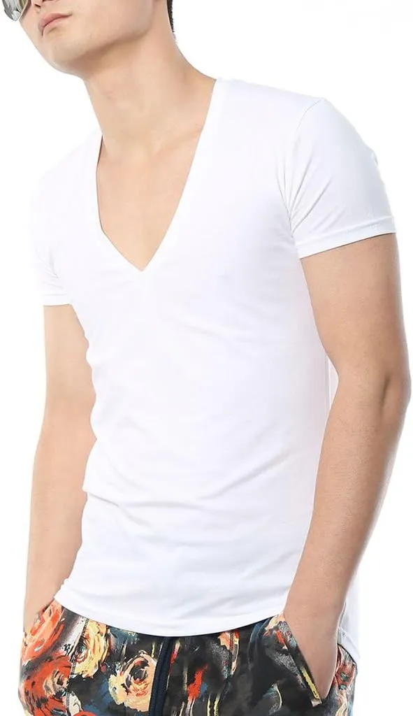 Men's V Neck T Shirts Tight Tee Stepped Hem