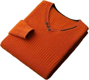 Men's V-Neck Wool Sweater Youth Loose Tops Casual Button Warm Long Sleeves Large Size Jumper