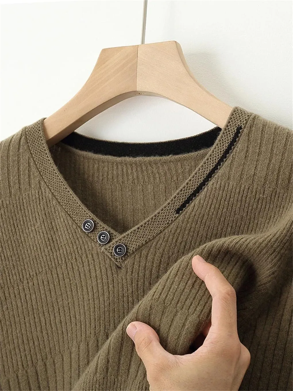 Men's V-Neck Wool Sweater Youth Loose Tops Casual Button Warm Long Sleeves Large Size Jumper