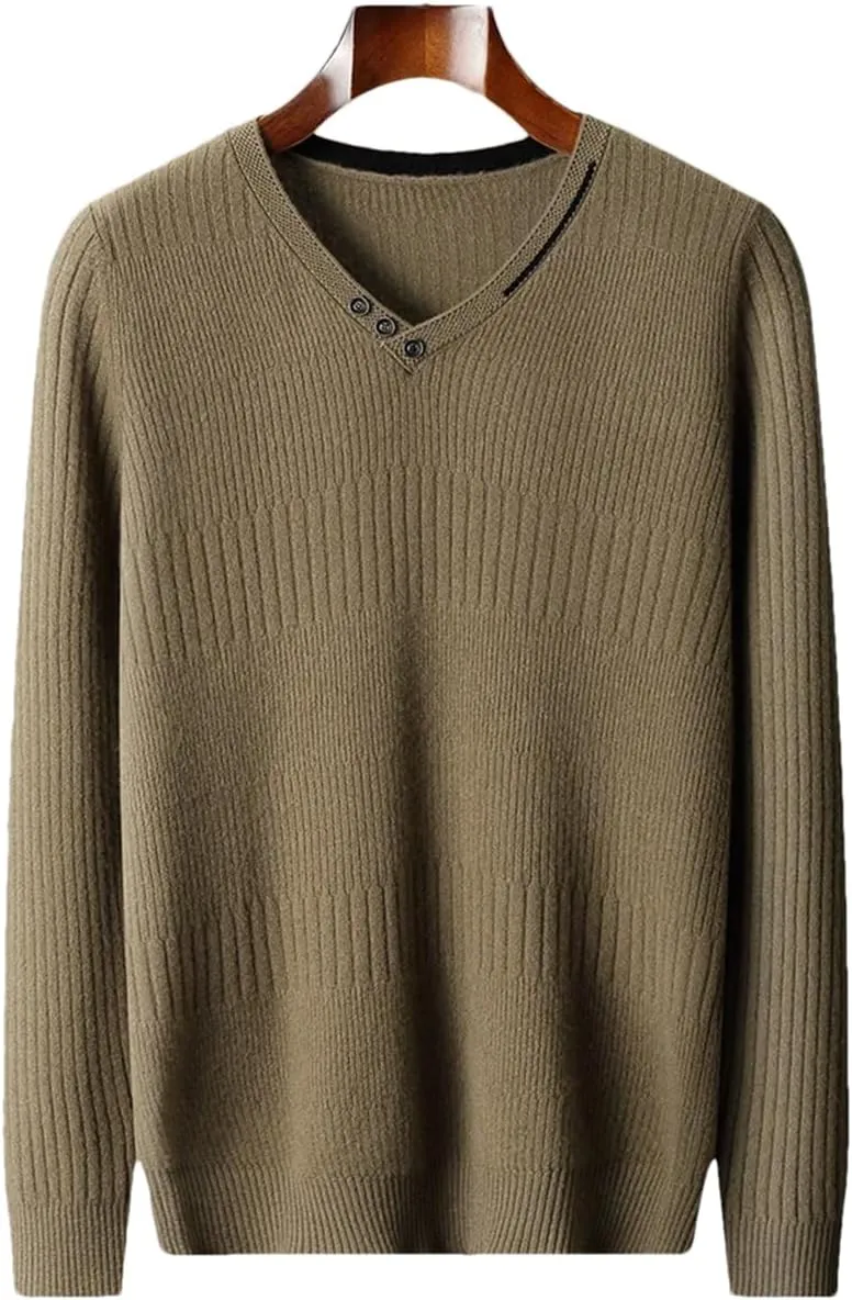Men's V-Neck Wool Sweater Youth Loose Tops Casual Button Warm Long Sleeves Large Size Jumper