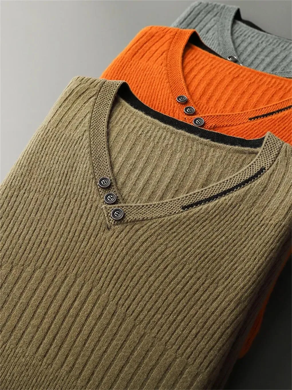 Men's V-Neck Wool Sweater Youth Loose Tops Casual Button Warm Long Sleeves Large Size Jumper