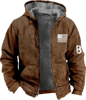 Men's Vintage Sherpa Fleece Lined Jackets Hooded Flag Print Western Warm Outerwear Windbreaker Varsity Coat M-7XL