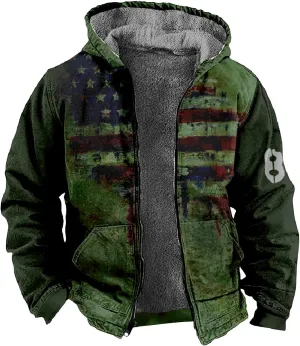 Men's Vintage Sherpa Fleece Lined Jackets Hooded Flag Print Western Warm Outerwear Windbreaker Varsity Coat M-7XL
