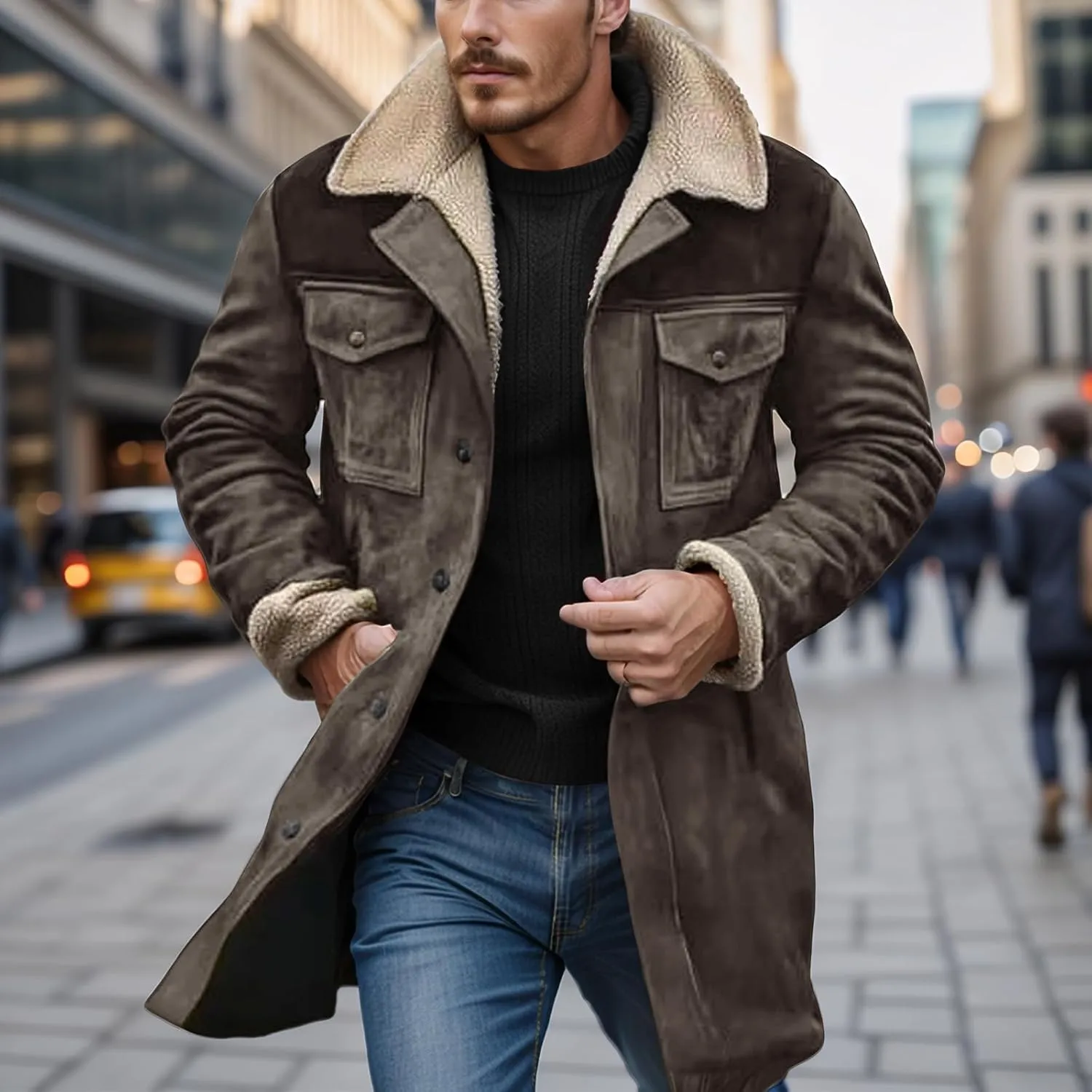 Men's Vintage Suede Jacket Warm Plush Collar Faux Leather Jacket Motorcycle Zip Up Winter Coat Big and Tall Trench Coat