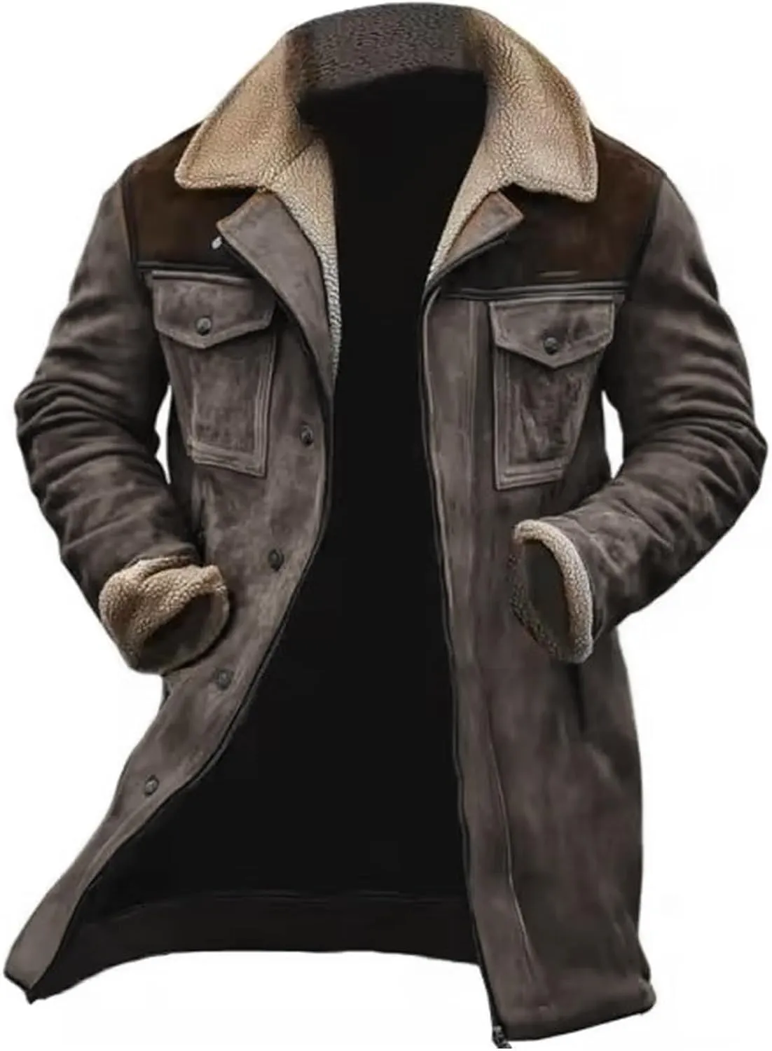 Men's Vintage Suede Jacket Warm Plush Collar Faux Leather Jacket Motorcycle Zip Up Winter Coat Big and Tall Trench Coat