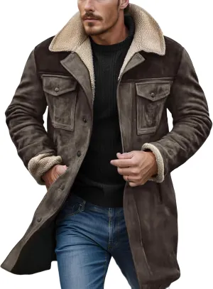 Men's Vintage Suede Jacket Warm Plush Collar Faux Leather Jacket Motorcycle Zip Up Winter Coat Big and Tall Trench Coat