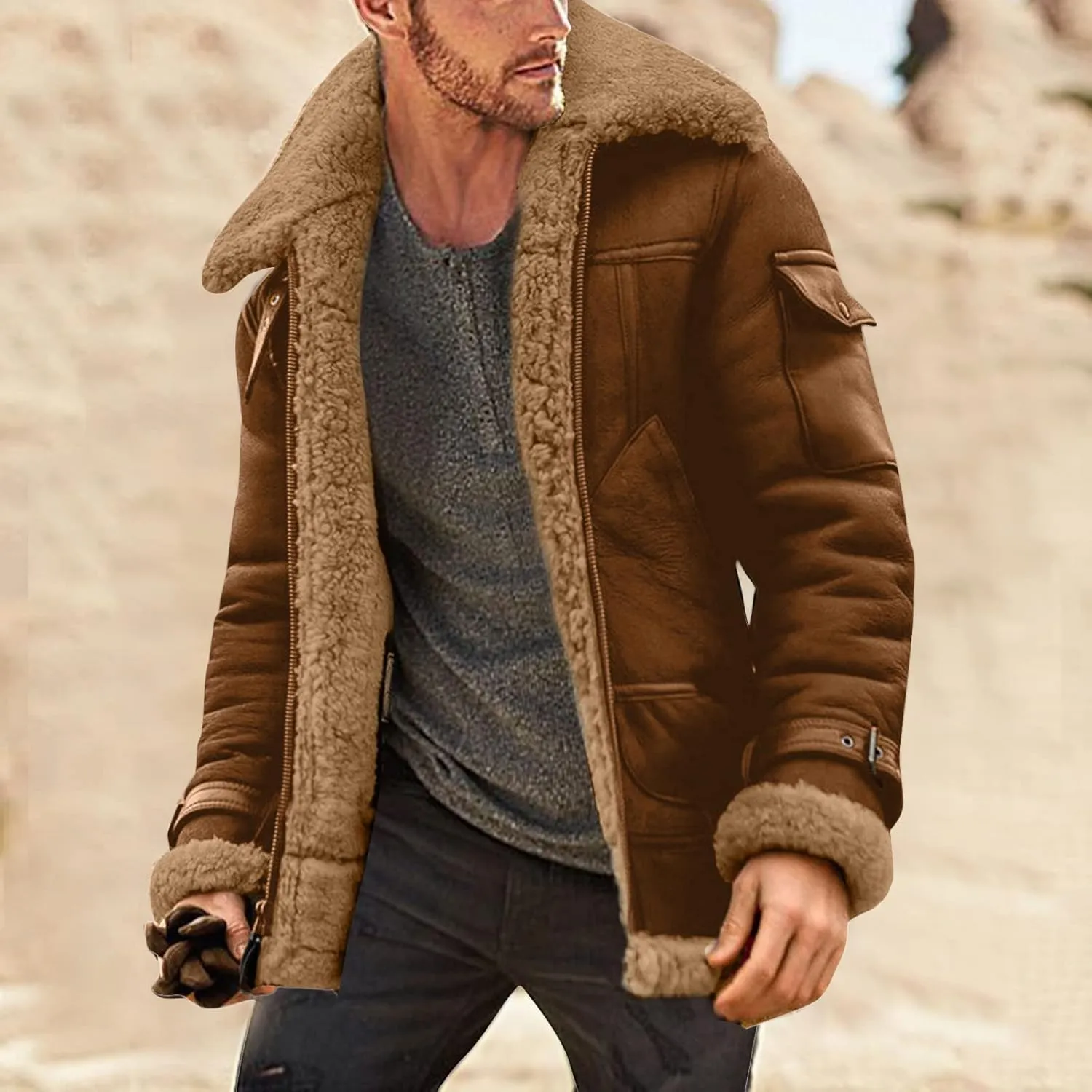 Mens Winter Coats, Mens Sherpa Fleece Lined Faux Leather Jacket Heavyweight Zip Up Bomber Jackets Vintage Winter Coats