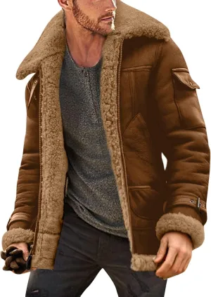 Mens Winter Coats, Mens Sherpa Fleece Lined Faux Leather Jacket Heavyweight Zip Up Bomber Jackets Vintage Winter Coats