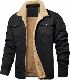 Mens Winter Jacket Thick Thermal Sherpa Coats Warm Fleece Lined Coat Trucker Lapel Military Work Cargo Jackets for Men