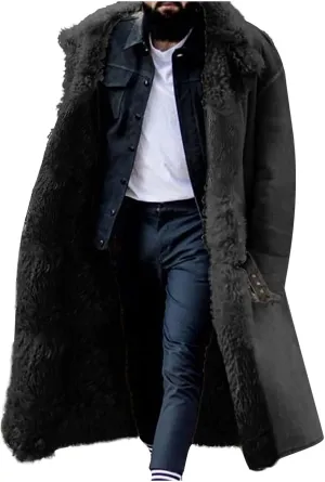 Mens Winter Long Trench Coat with Sherpa Lining Faux Leather Shearling Jacket Fur Collar Sheepskin Fleece for Cold