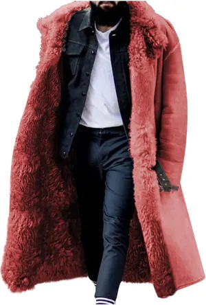 Mens Winter Long Trench Coat with Sherpa Lining Faux Leather Shearling Jacket Fur Collar Sheepskin Fleece for Cold