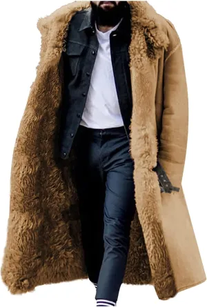 Mens Winter Long Trench Coat with Sherpa Lining Faux Leather Shearling Jacket Fur Collar Sheepskin Fleece for Cold