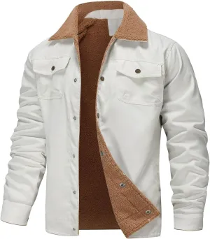 Mens Winter Thermal Cotton Jacket with Fleece Lining Thick Warm Trucker Lapel Work Cargo Coat Multi Pocket Sherpa Lined
