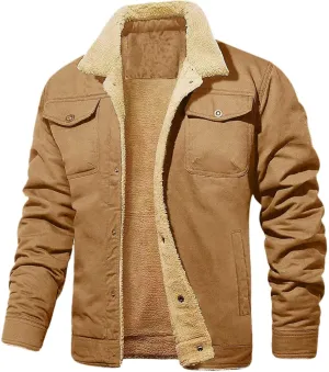 Mens Winter Thermal Cotton Jacket with Fleece Lining Thick Warm Trucker Lapel Work Cargo Coat Multi Pocket Sherpa Lined