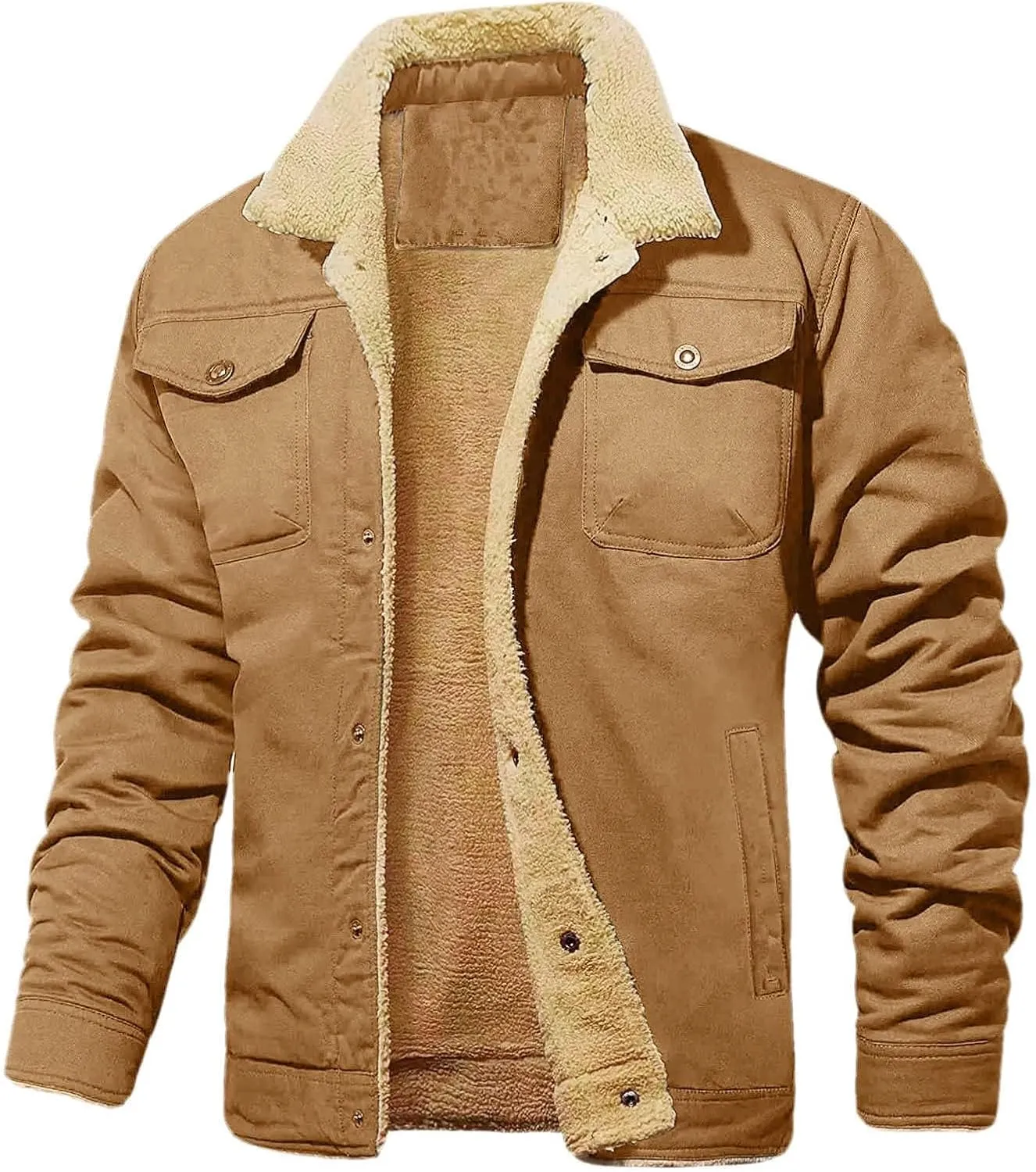 Mens Winter Thermal Cotton Jacket with Fleece Lining Thick Warm Trucker Lapel Work Cargo Coat Multi Pocket Sherpa Lined