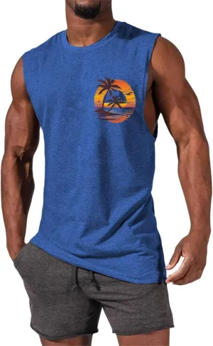 Men's Workout Sleeveless Tank Tops Stylish Gulf of Mexico Print Muscle Cut Off Shirt Summer Casual Beach Vacation Top