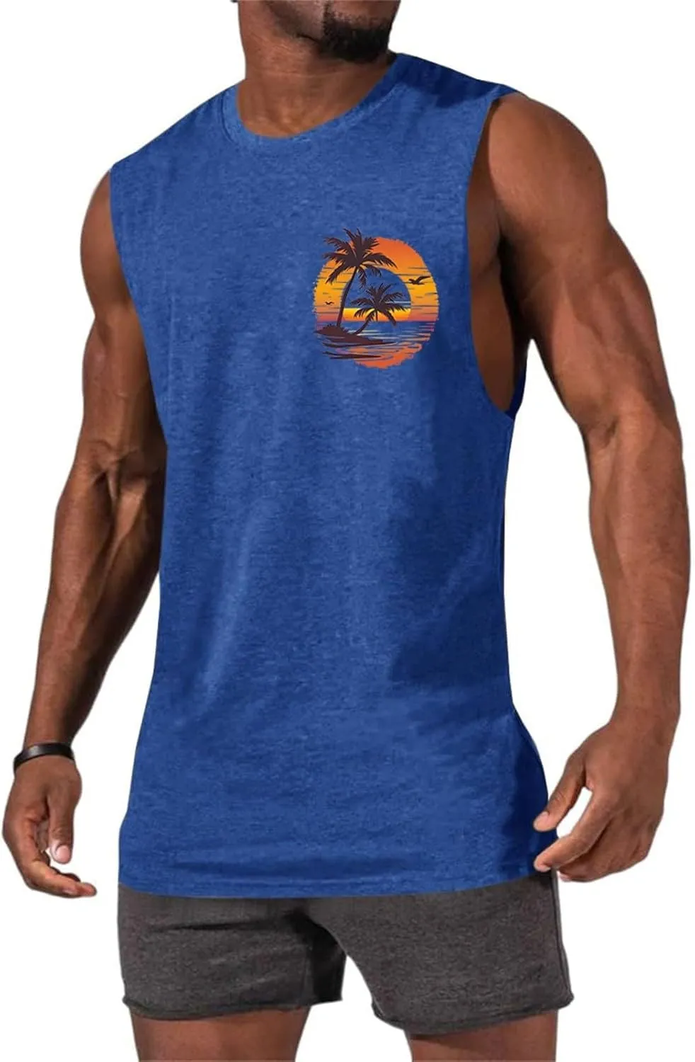 Men's Workout Sleeveless Tank Tops Stylish Gulf of Mexico Print Muscle Cut Off Shirt Summer Casual Beach Vacation Top