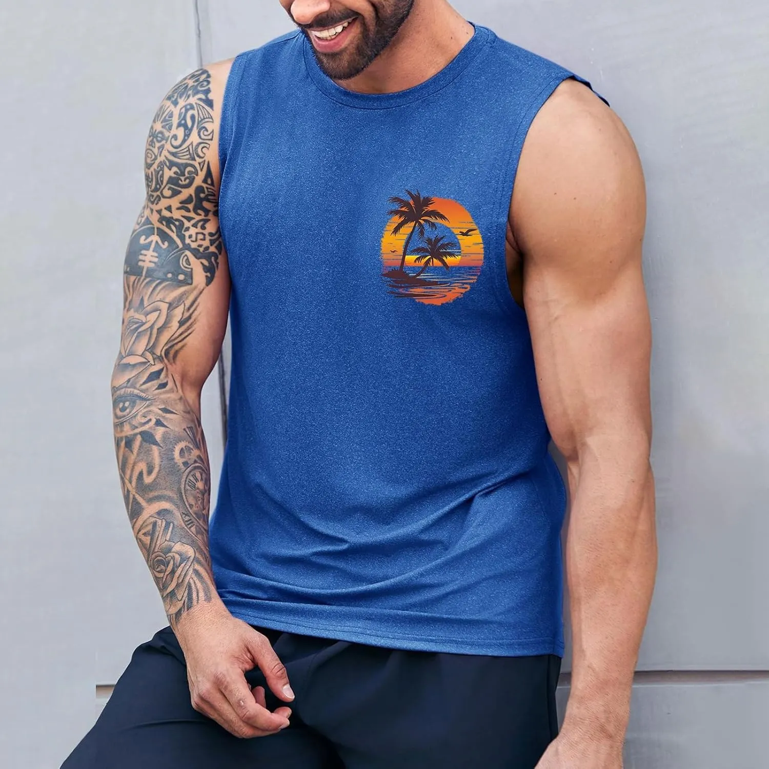 Men's Workout Sleeveless Tank Tops Stylish Gulf of Mexico Print Muscle Cut Off Shirt Summer Casual Beach Vacation Top