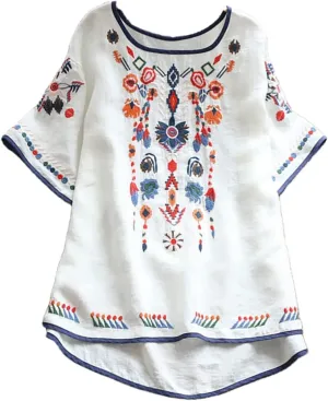 Mexican Embroidered Shirts for Women Boho Tops Loose Short Sleeve Bohemian Blouses Peasant Summer Outfits