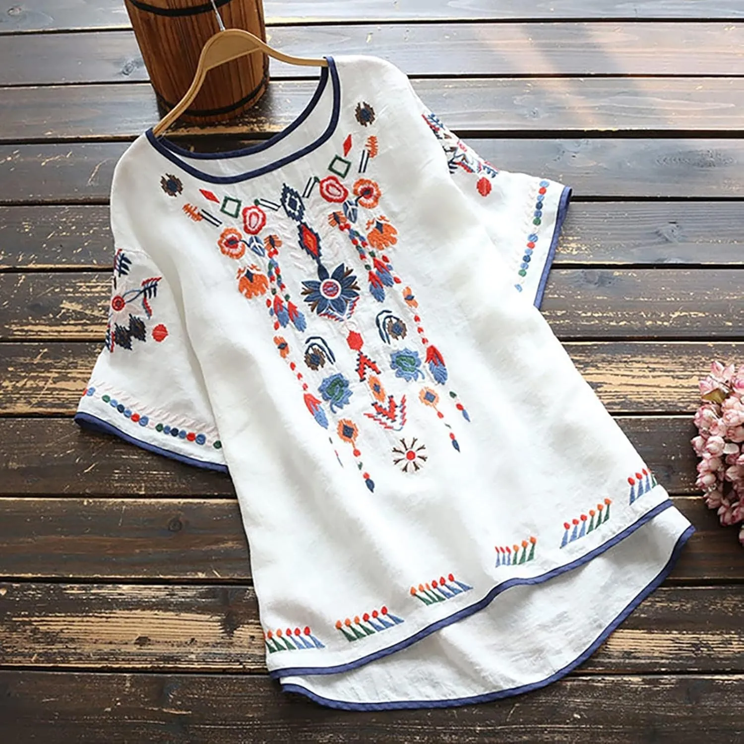 Mexican Embroidered Shirts for Women Boho Tops Loose Short Sleeve Bohemian Blouses Peasant Summer Outfits