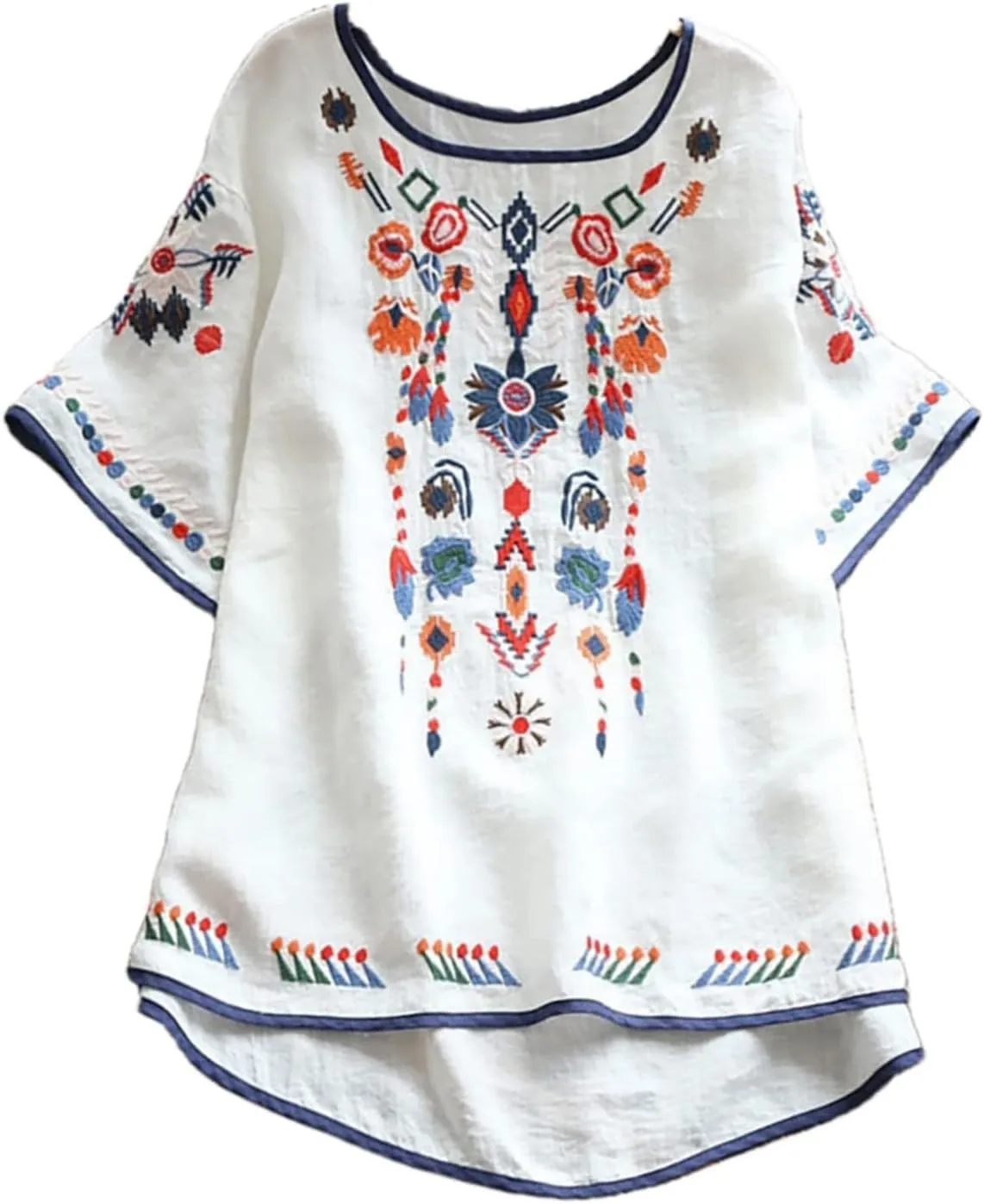 Mexican Embroidered Shirts for Women Boho Tops Loose Short Sleeve Bohemian Blouses Peasant Summer Outfits